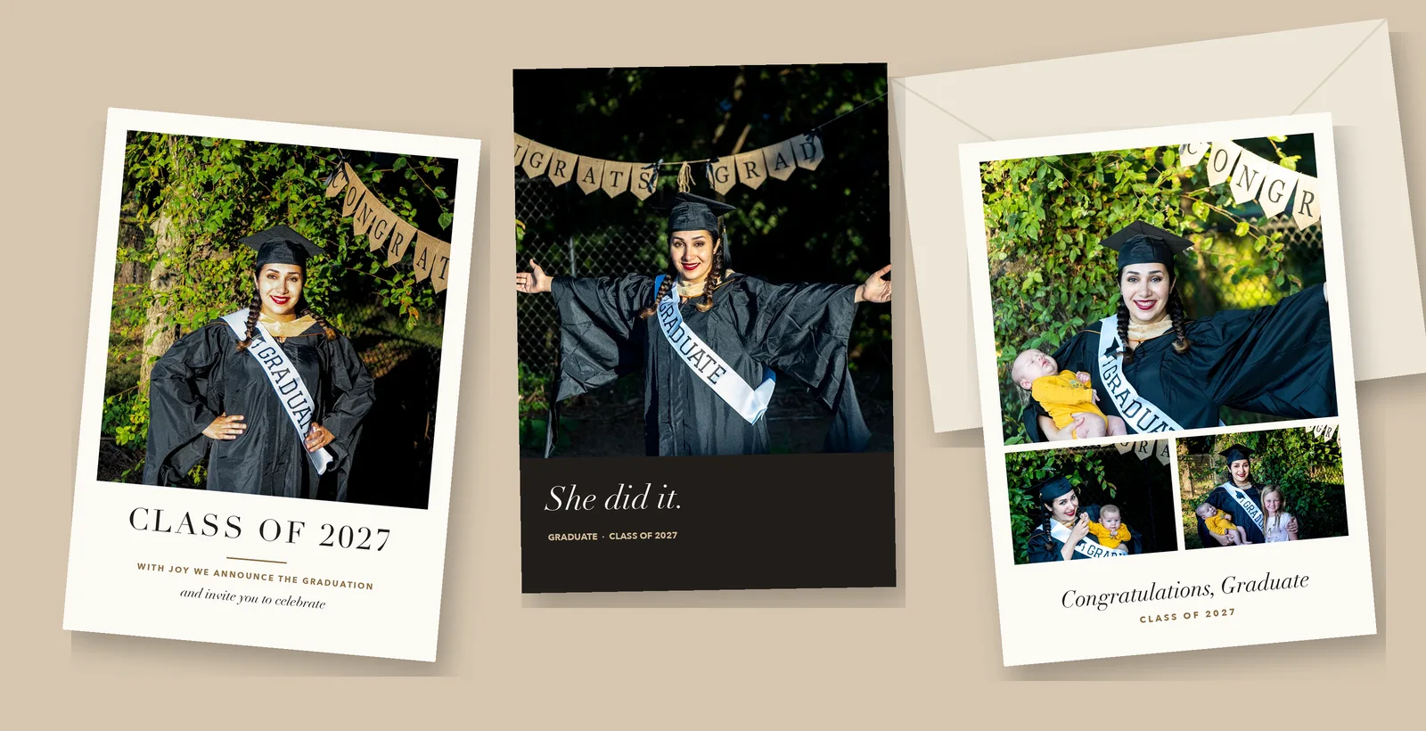 Three sample graduation announcement cards: a Class of 2027 card with a white border, a dark card reading She did it, and a three-photo card reading Congratulations, Graduate, beside an envelope