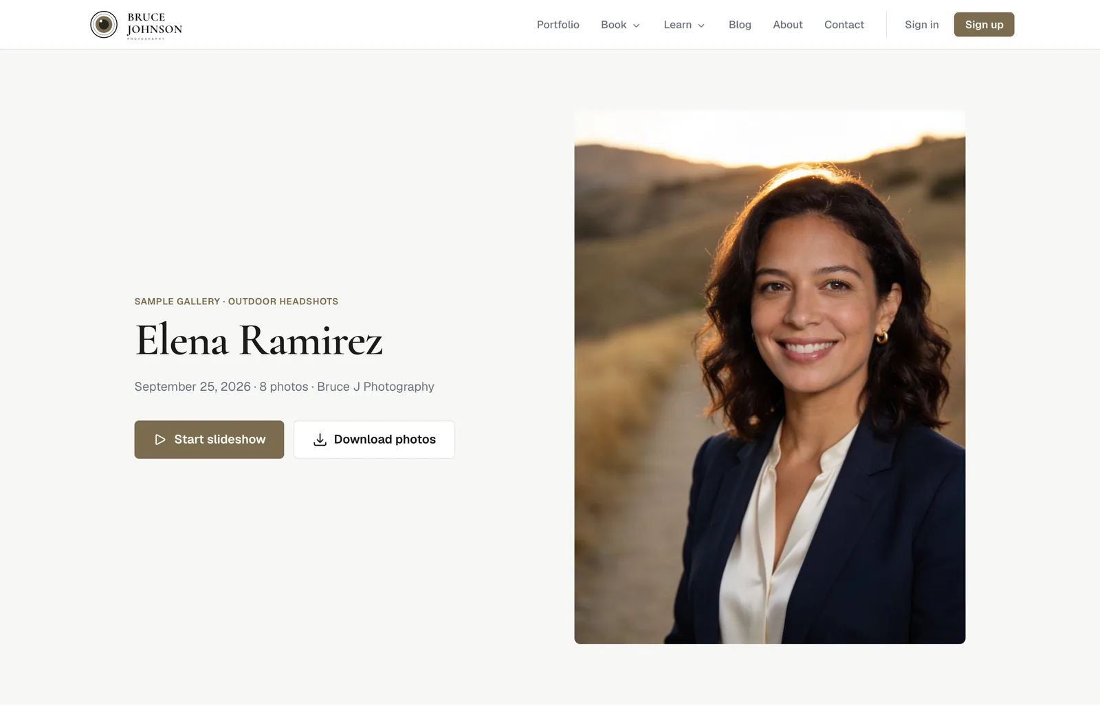 A client gallery on a laptop: name, slideshow and download buttons, and a cover photo