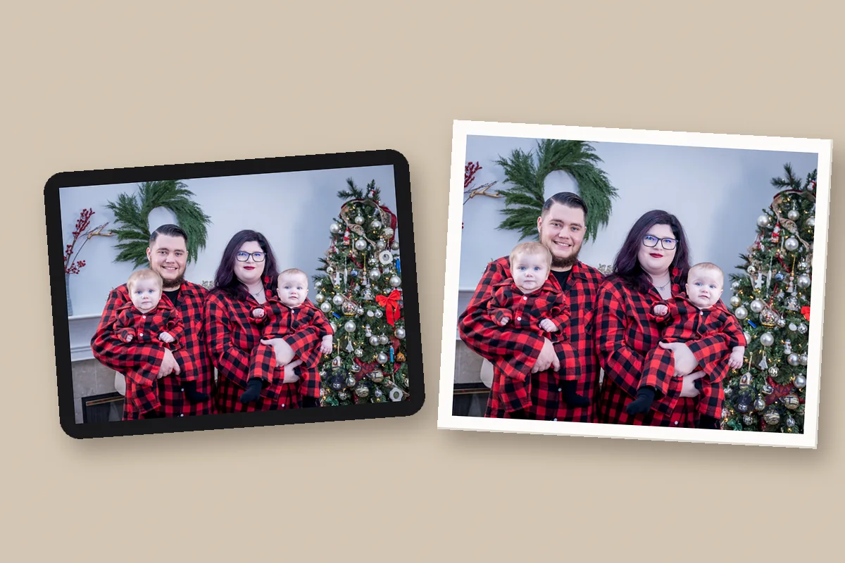The gallery photo on a tablet beside the matching finished print
